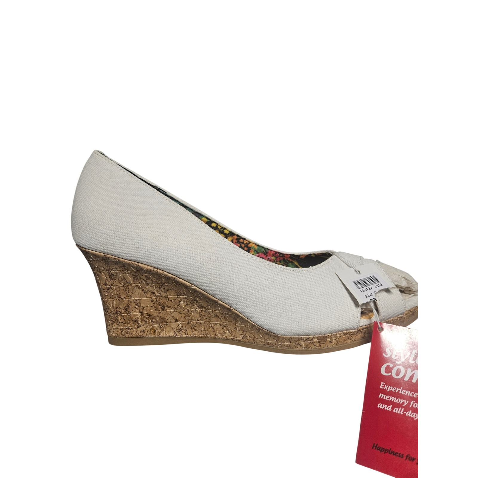 Dexflex Comfort Women White Canvas Peep Toe Cork Wedge Heels Size 9 New